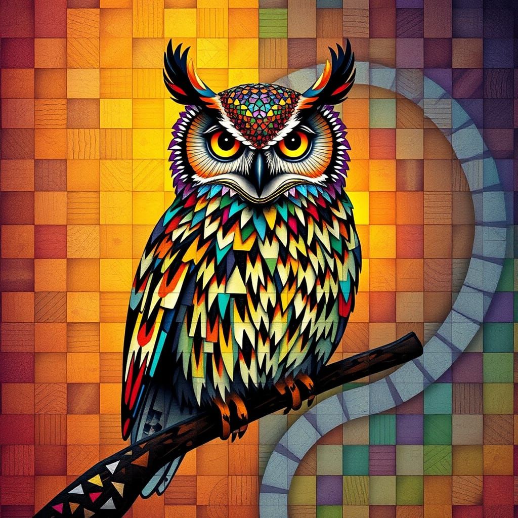 Cubist Owl in Mosaic with Fractal Gradient