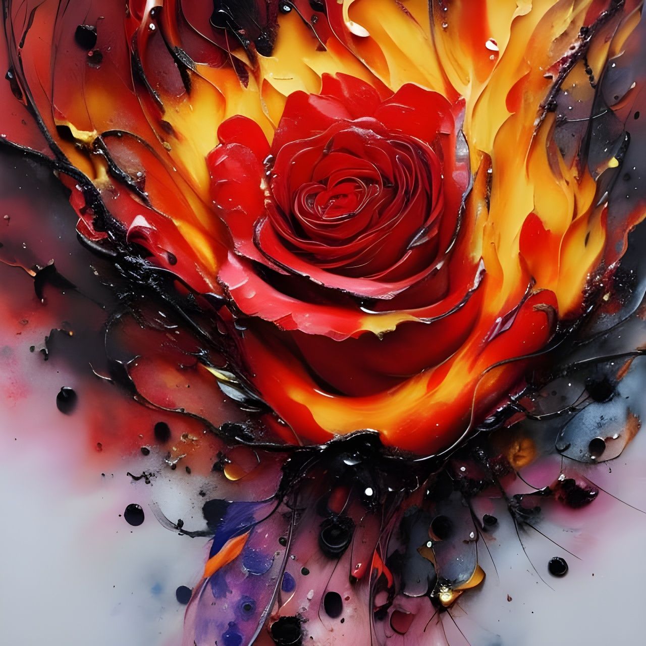 Detailed Fire Rose with Oil Splash in Gouache Illustration