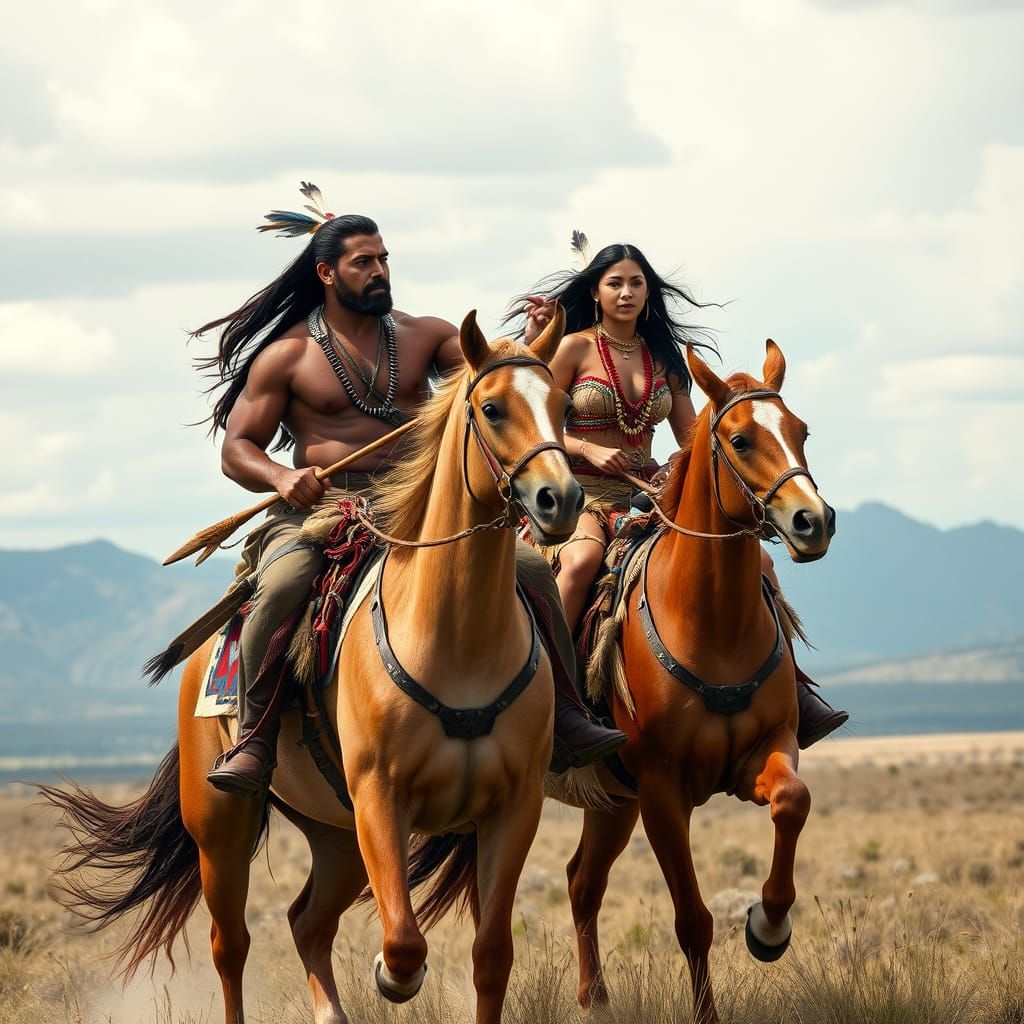 Native American Couple Riding Warhorses Across Plains