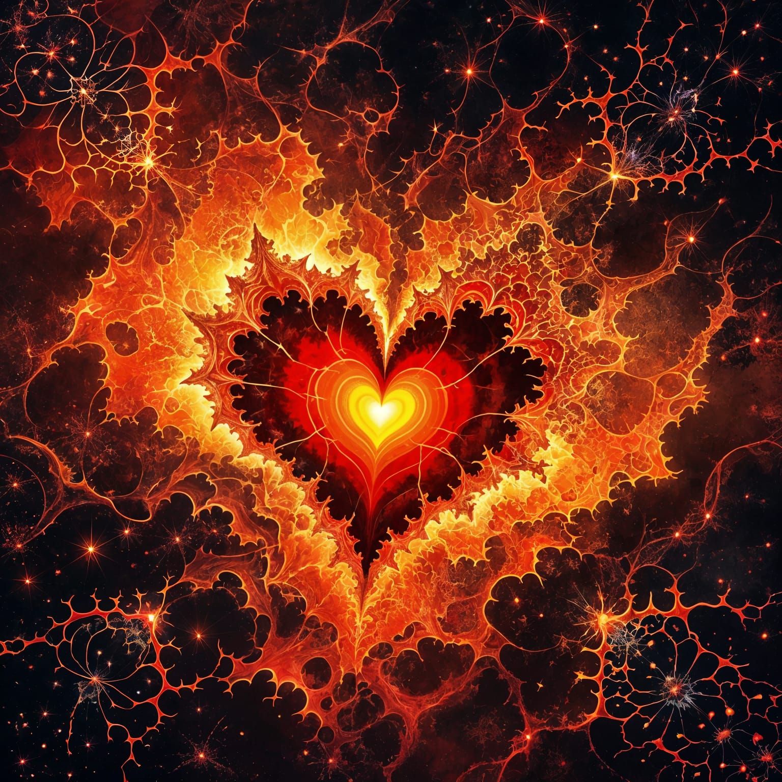 Majestic Fractal Heart with Red, Orange, and Gold Sparks