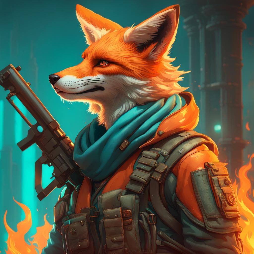 Flaming Fox Commando: Digital Art in Orange and Teal
