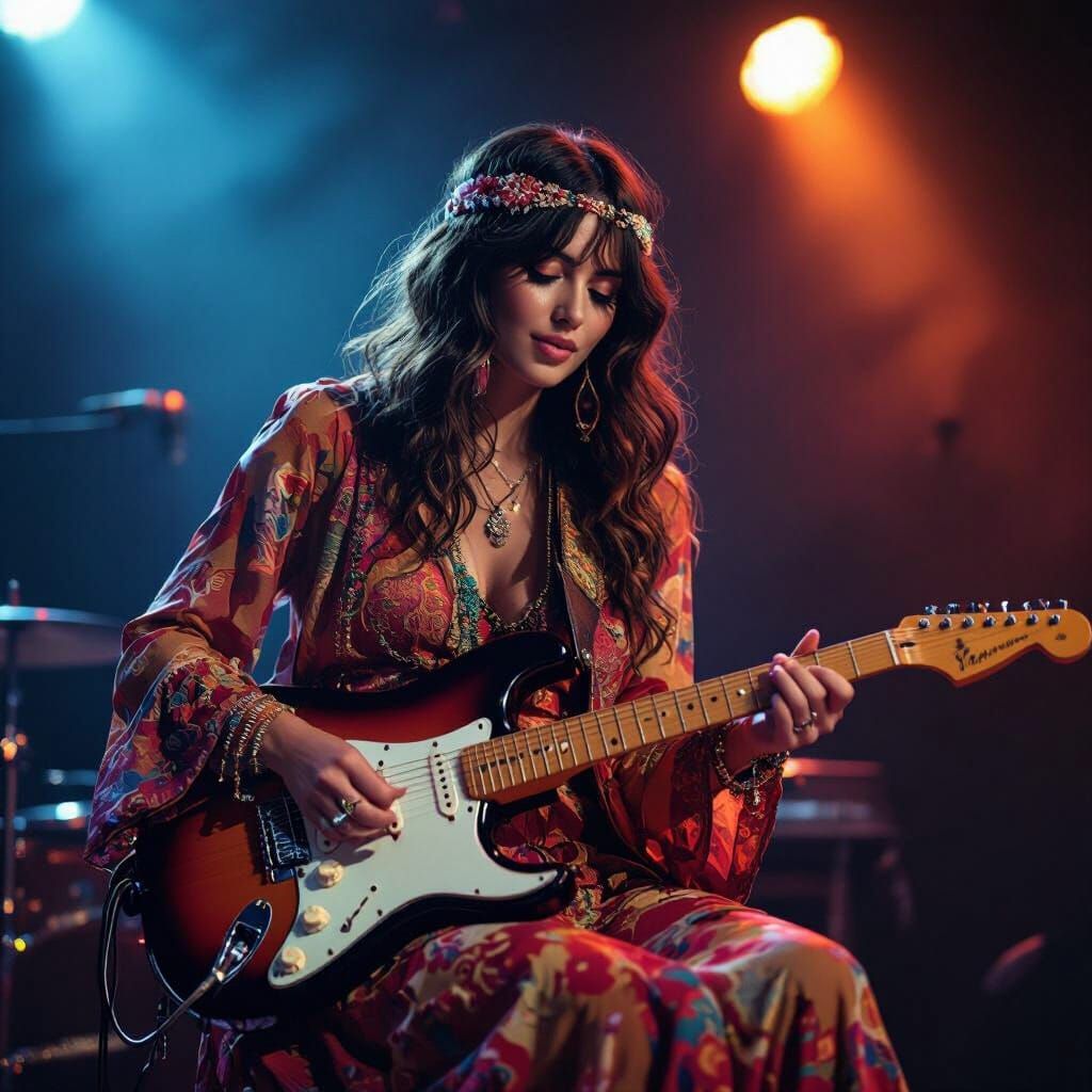 Hippie Woman Plays Guitar On Stage: Hyperrealistic Film Stil...