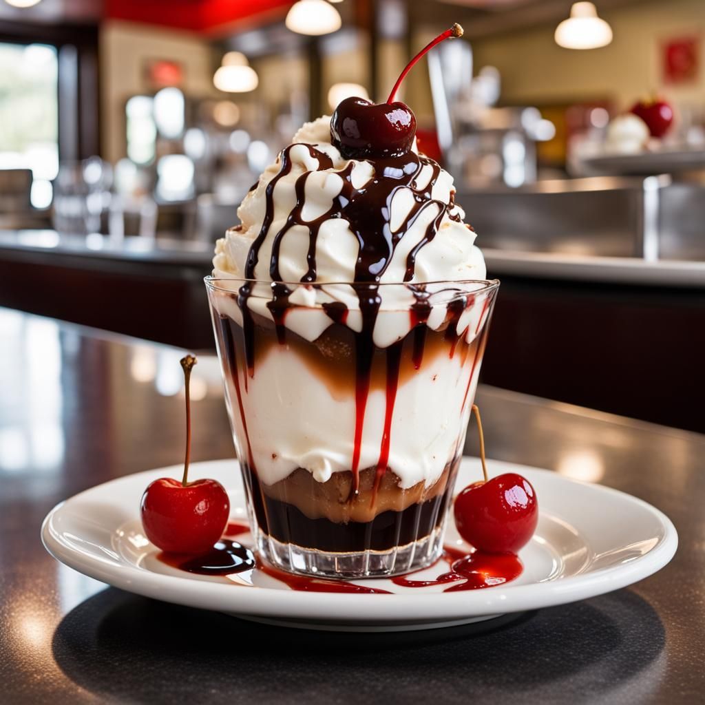 Decadent Sundae with Chocolate Syrup and Cherries
