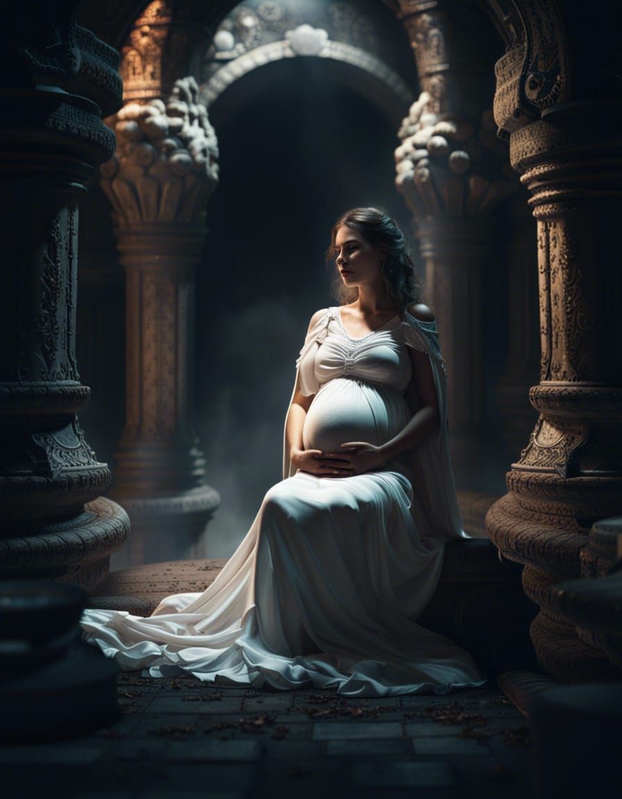 Pregnant Woman Resting in Dungeon: Cinematic Digital Art