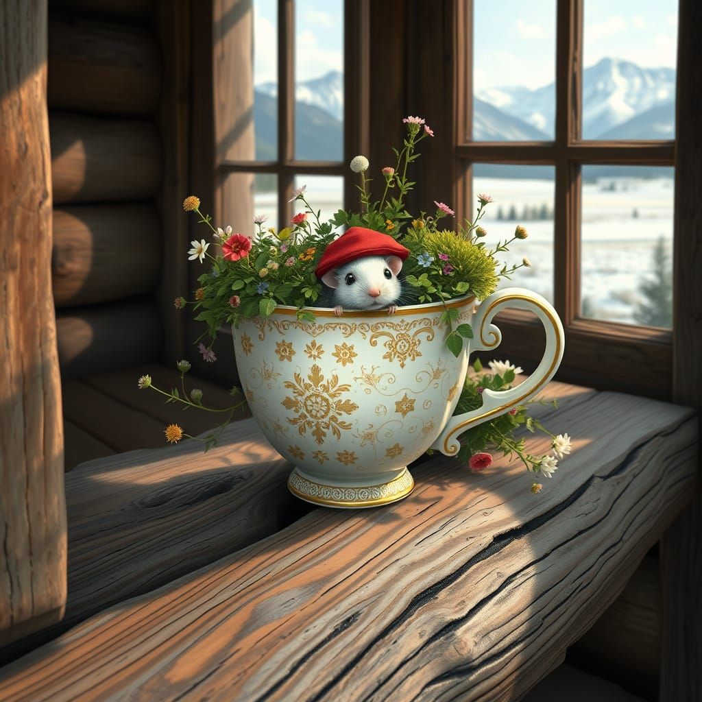 Floral Cup with Mouse in Snowy Scene
