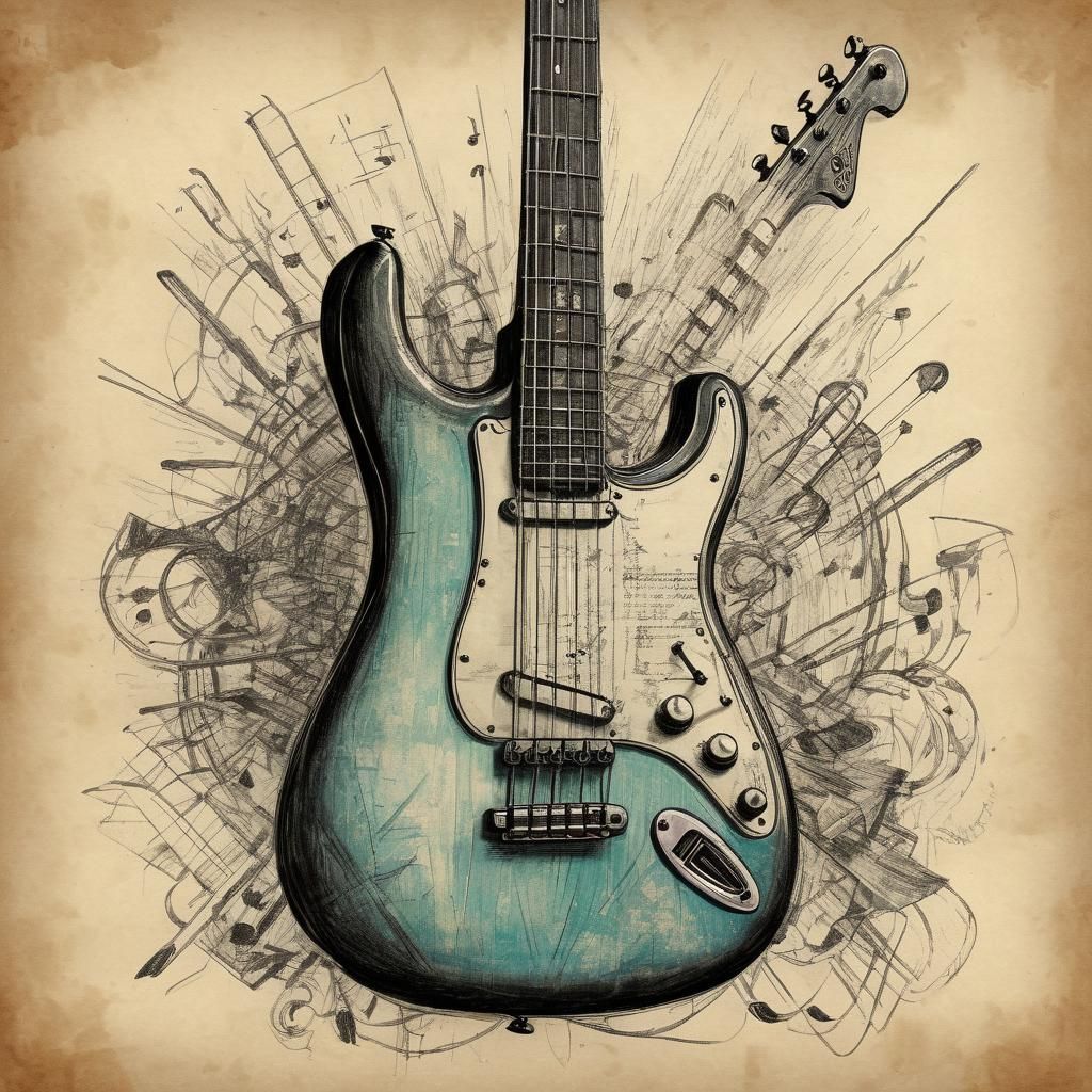 Neo-Pop Bass Guitar Sketch on Paper