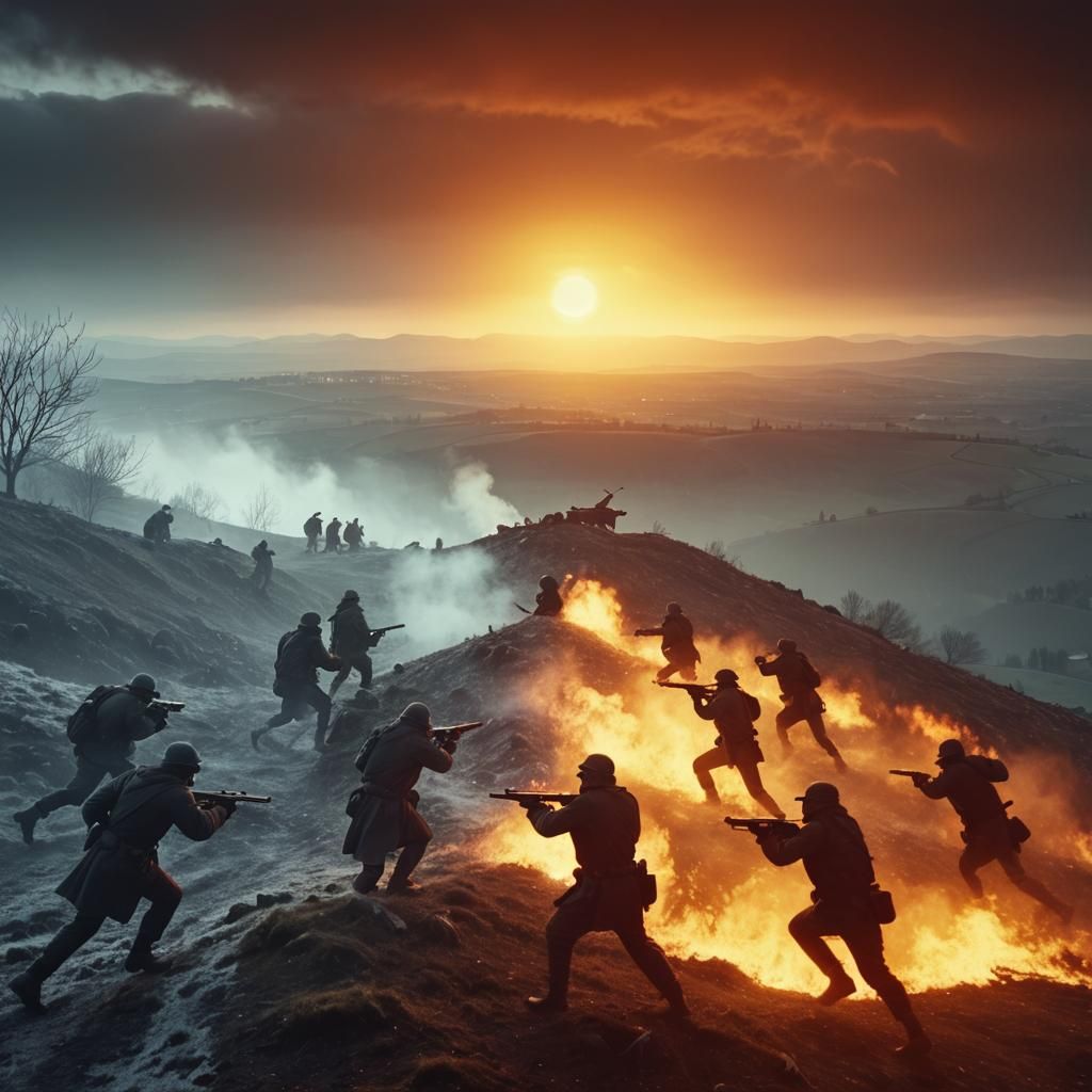 Epic Hill Battle Scene with Cinematic Lighting