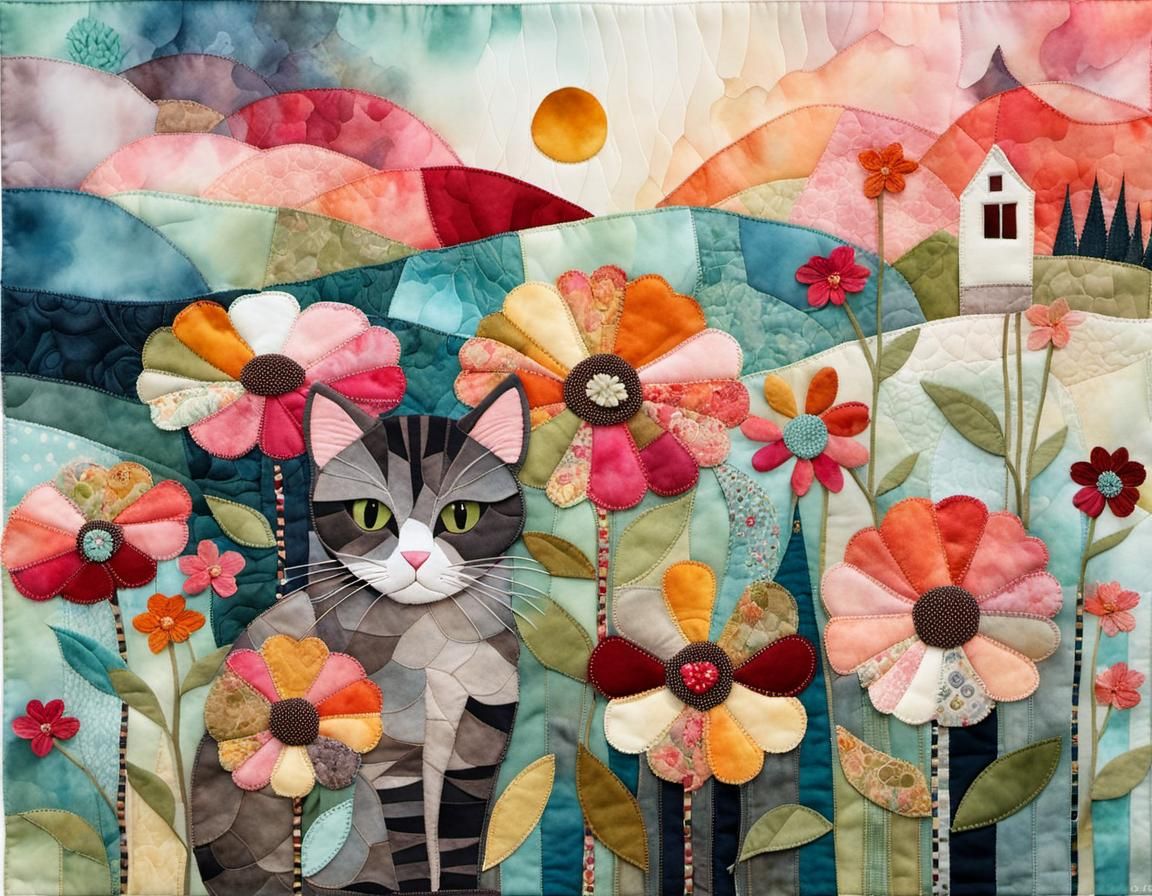 Patchwork Quilt of Cat by Window in Fabric Collage