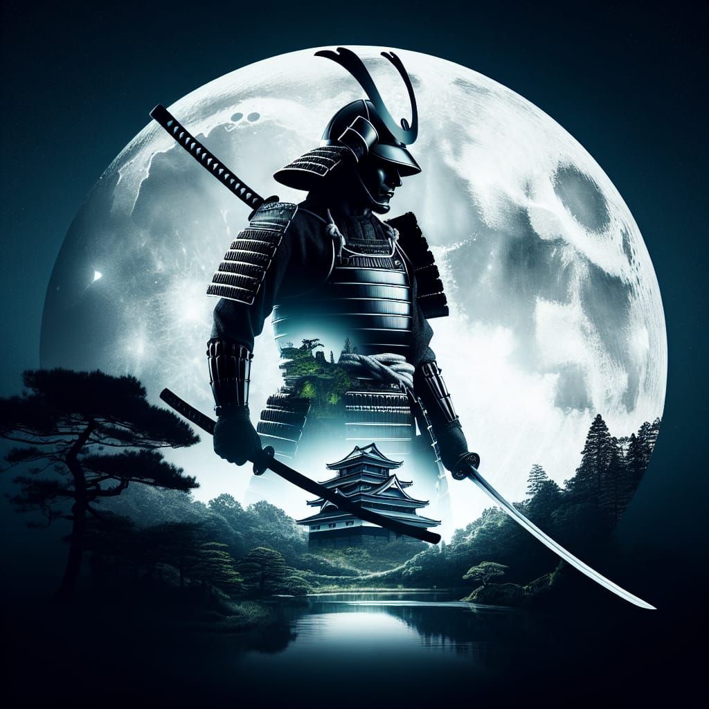 Samurai Silhouette with Katana and Luminous Moon
