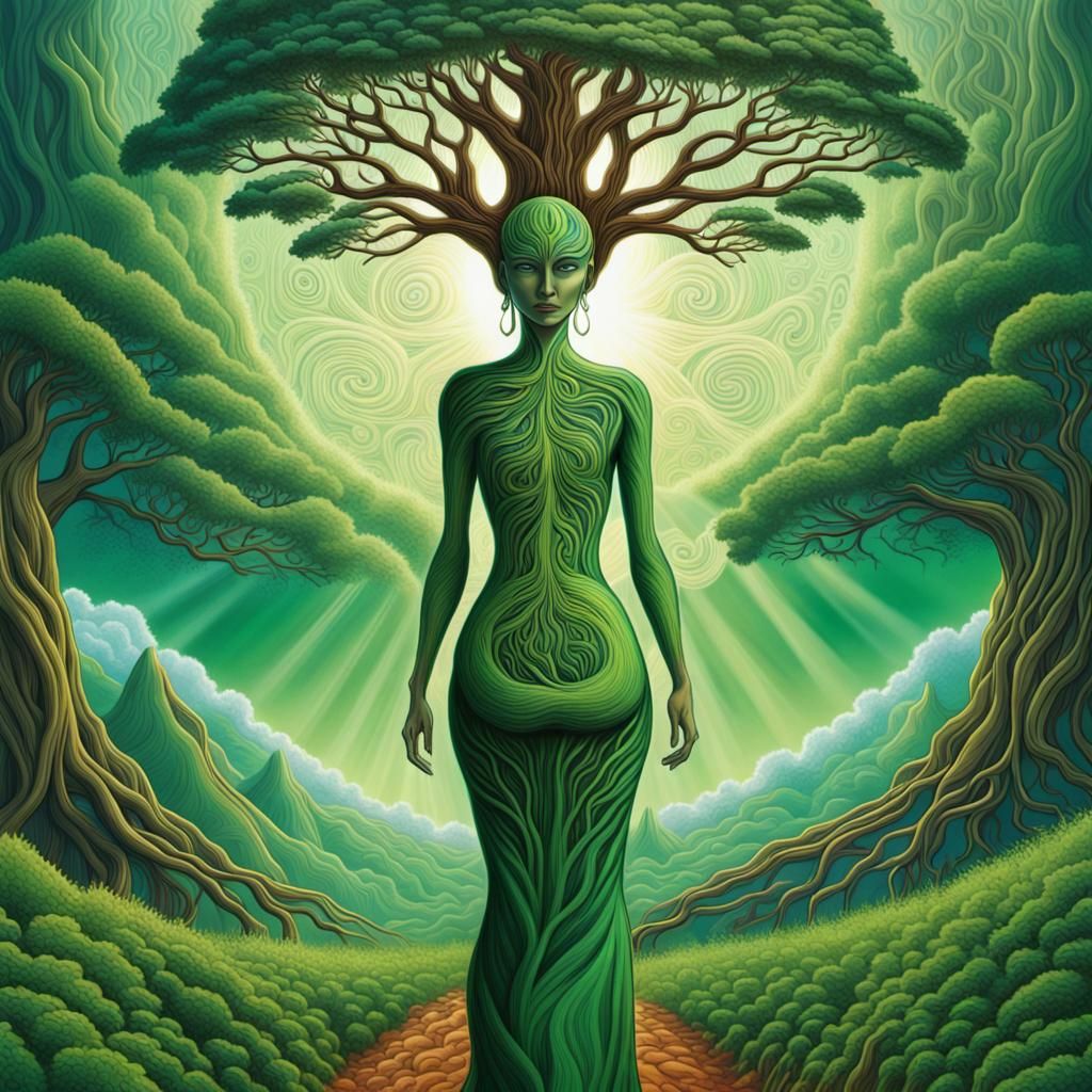 woman adorned in green dress, psytrance art, tall root tree ...