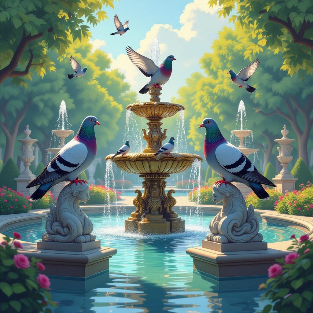 Pigeons on Statues with Fountains, Whimsical Art