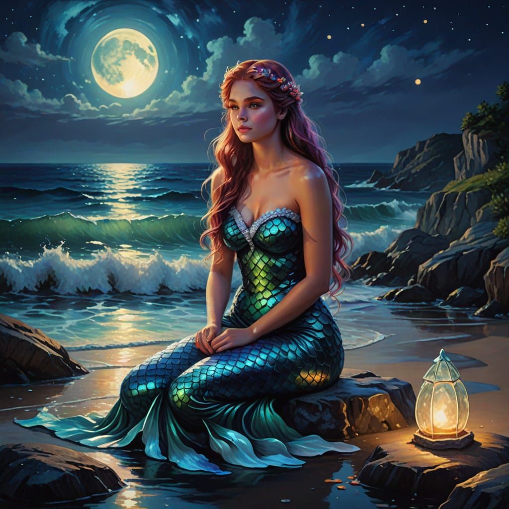 Mermaid in Bioluminescent Ocean: Oil Painting