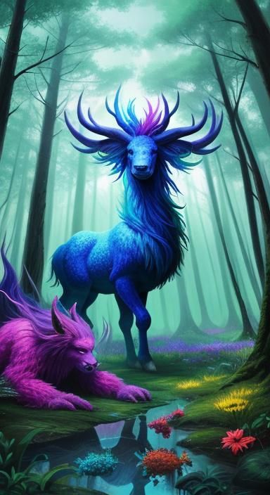 Magical Forest with Mythical Creatures in Vivid Colors
