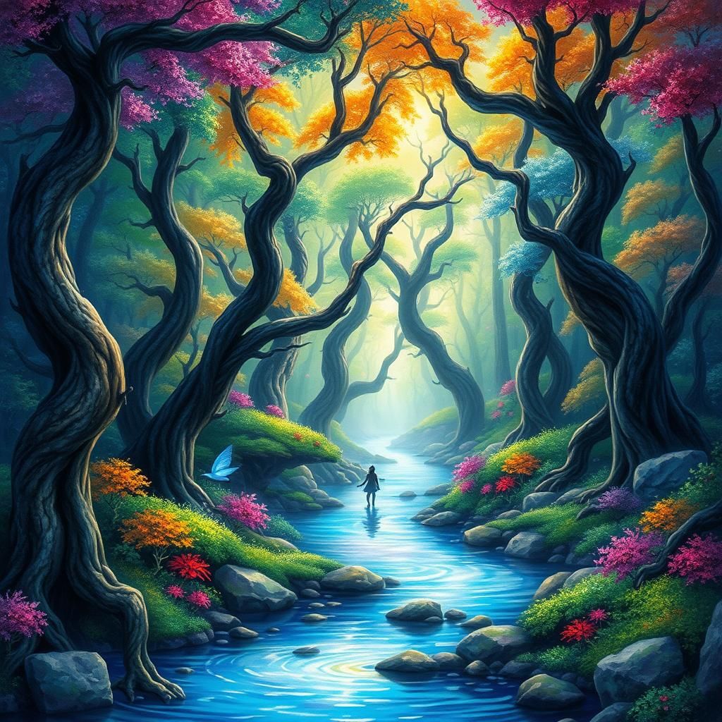 Enchanting Forest River in Watercolor Digital Painting