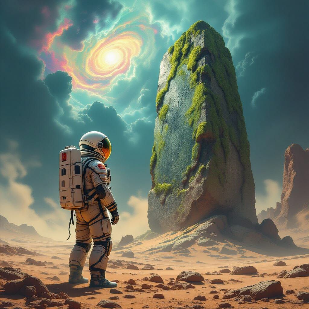 A grizzled astronaut, his face etched with the wisdom of the cosmos, stands before a colossal, moss-covered monolith on ...
