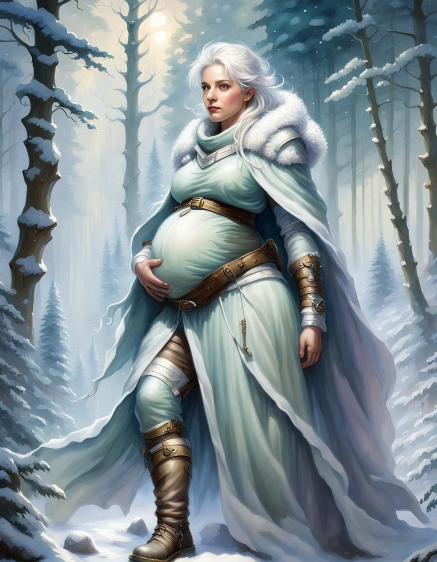 Ethereal Pregnant Ranger in Snowy Forest
