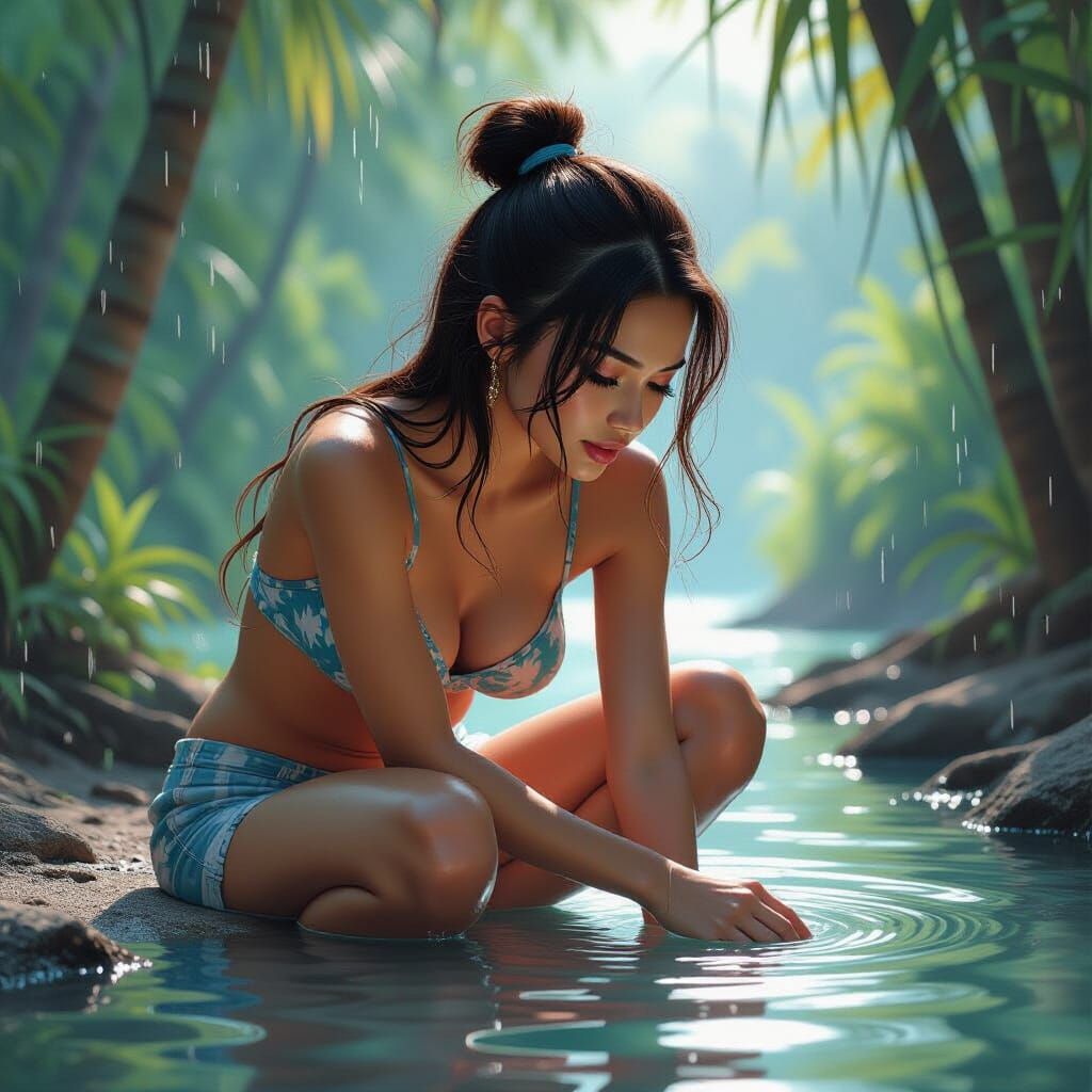 Serene Malaysian River Scene with Girl Washing