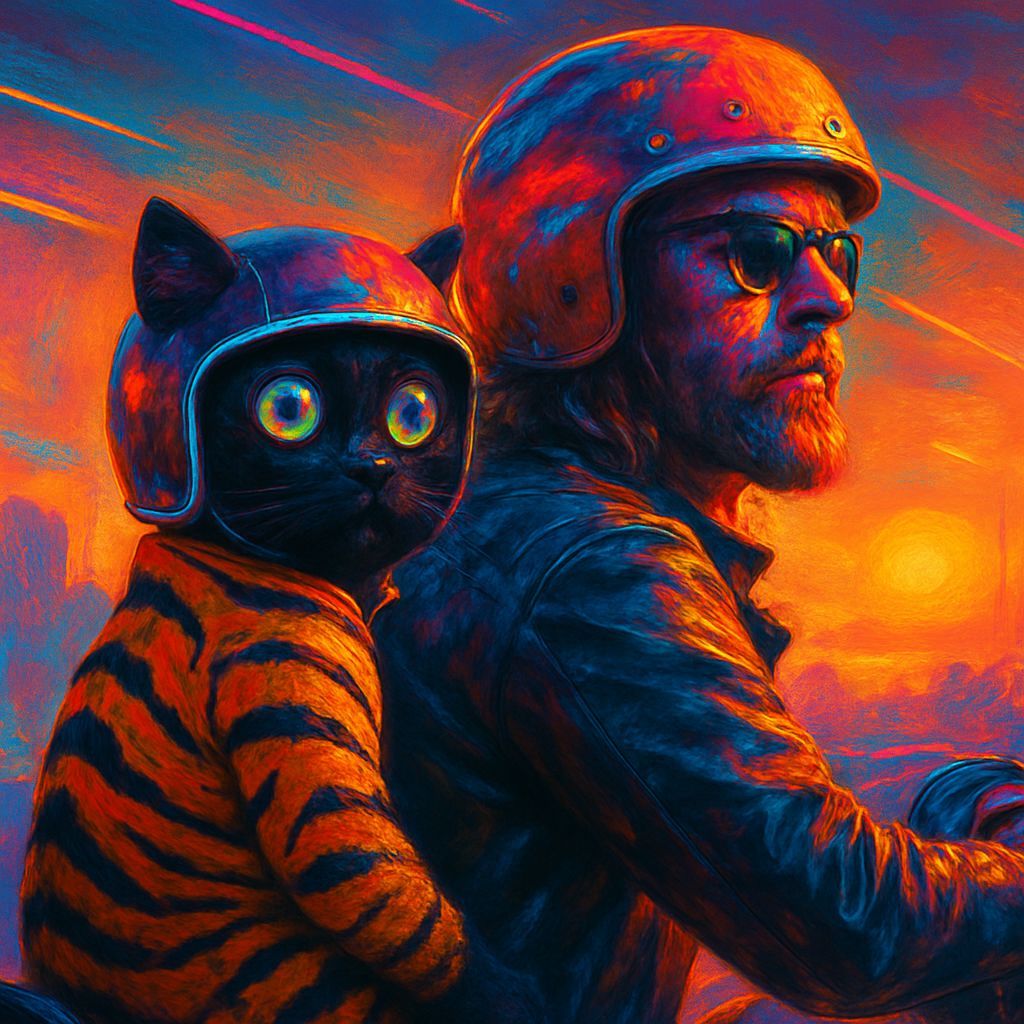 Cute Cat Biker in Surrealist Neon Dreamscape