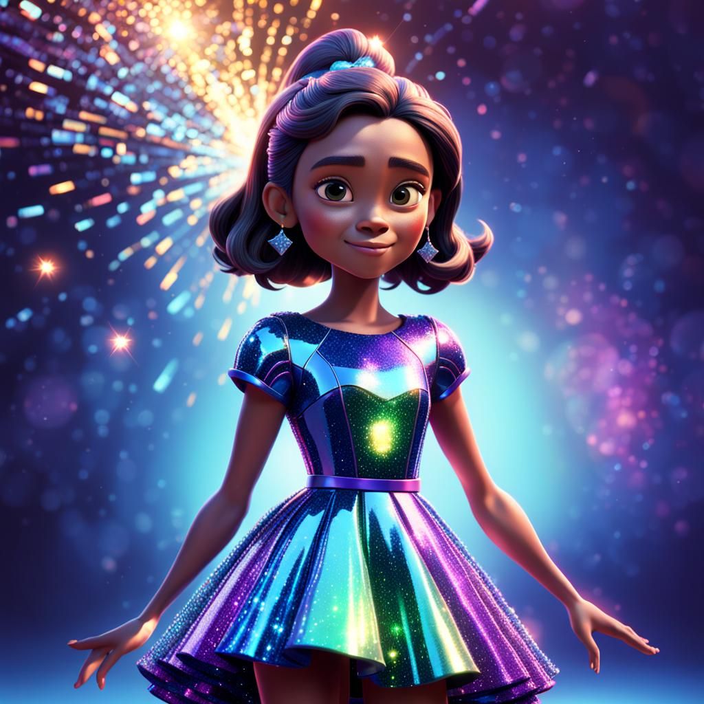Girl in Sparkle Dress: Pixar-Style 3D Digital Art