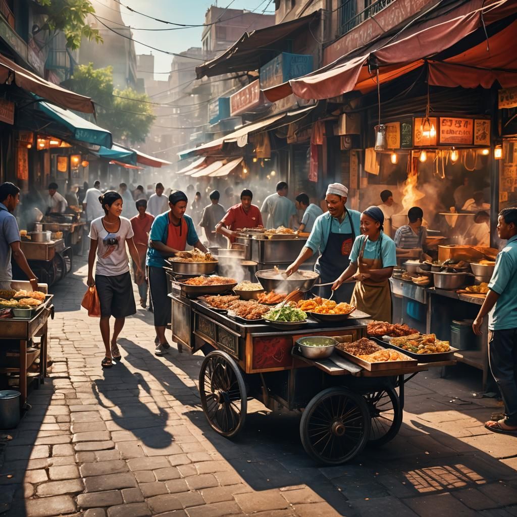 Exotic Street Food Vendors in Hyperrealistic Style