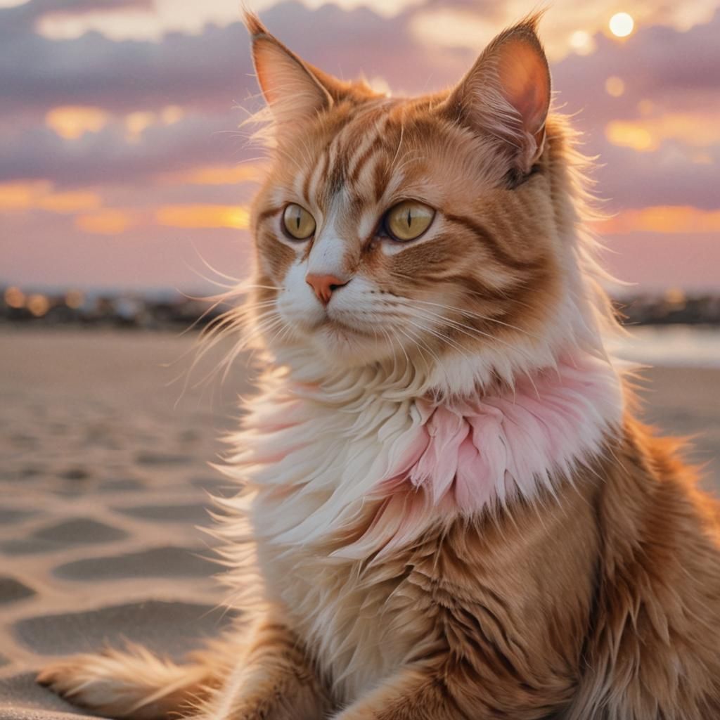 Cat Listens to Music on Beach in Surreal Style