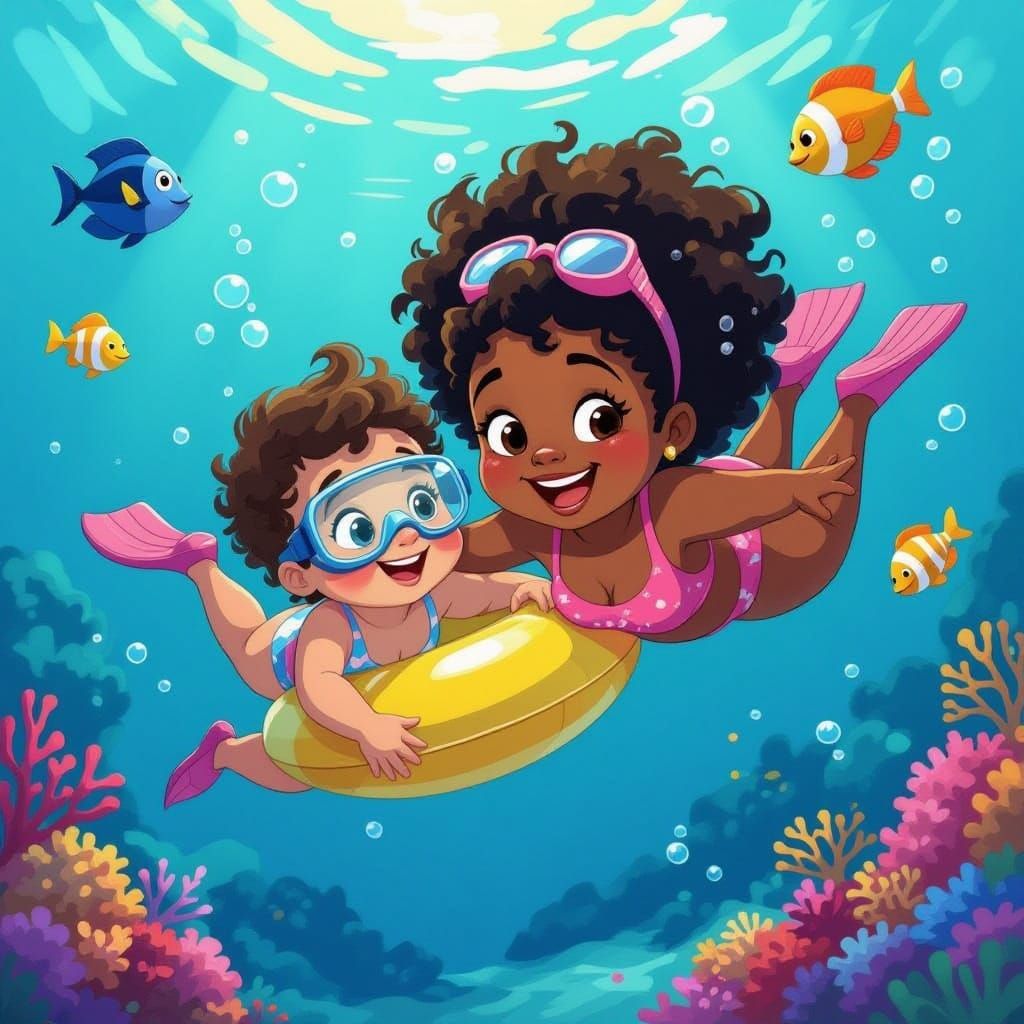 Happy Black Girl Scuba Diving: Stylized Animation