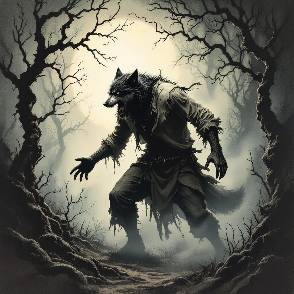 Man Transforms to Wolf in Dark Forest, Etching Style
