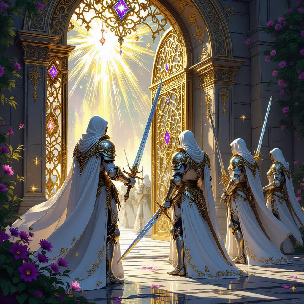 Mystical Knights in Radiant Armor Guarding Divine Gates