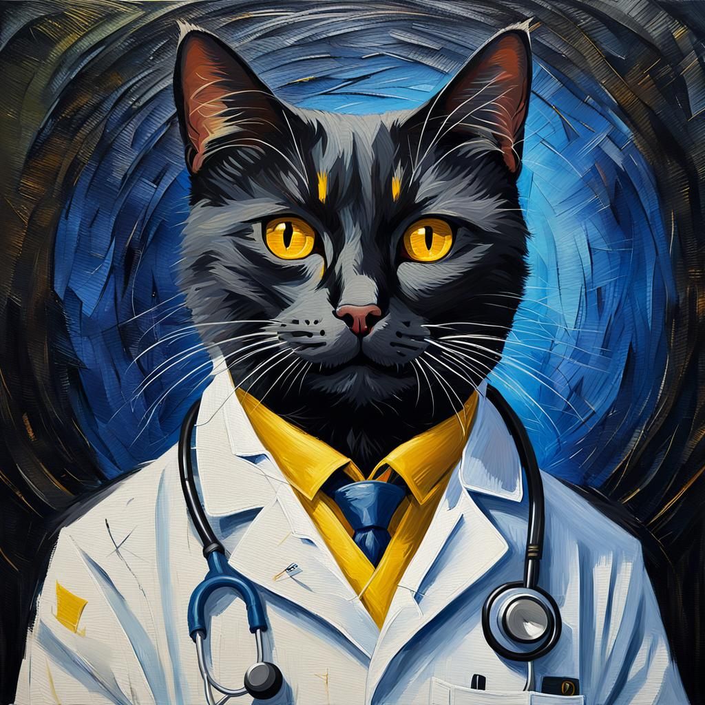 Whimsical Doctor Cat in Oil Painting Style
