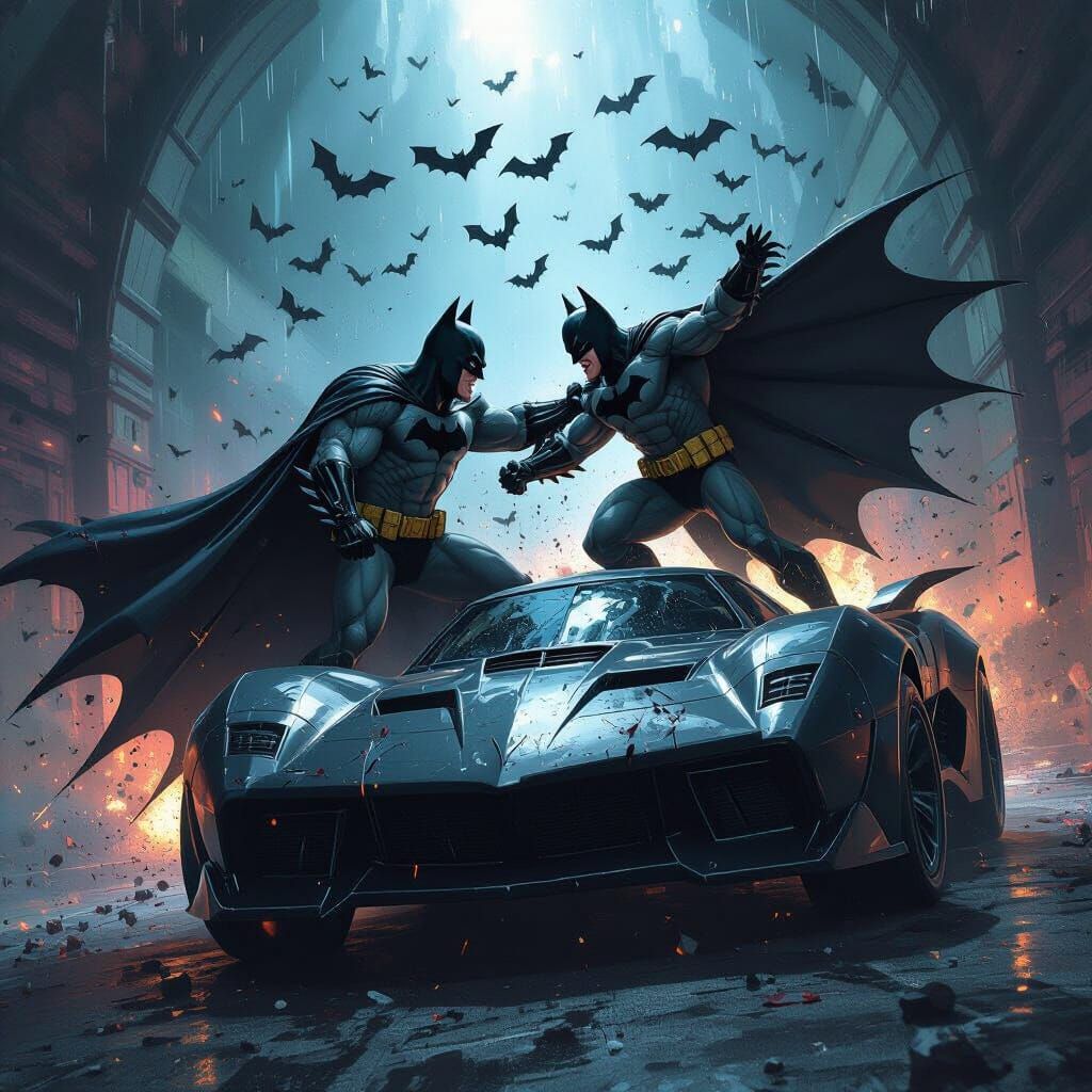 Batman and Bane Fight on Batmobile in Batcave
