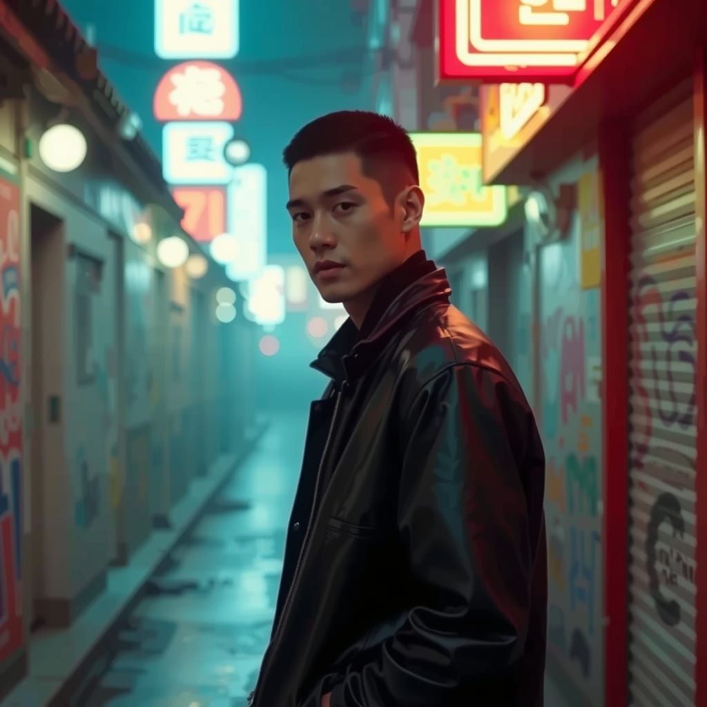 Korean Man in Neon Seoul Alleyway, Pre-Raphaelite Film Still