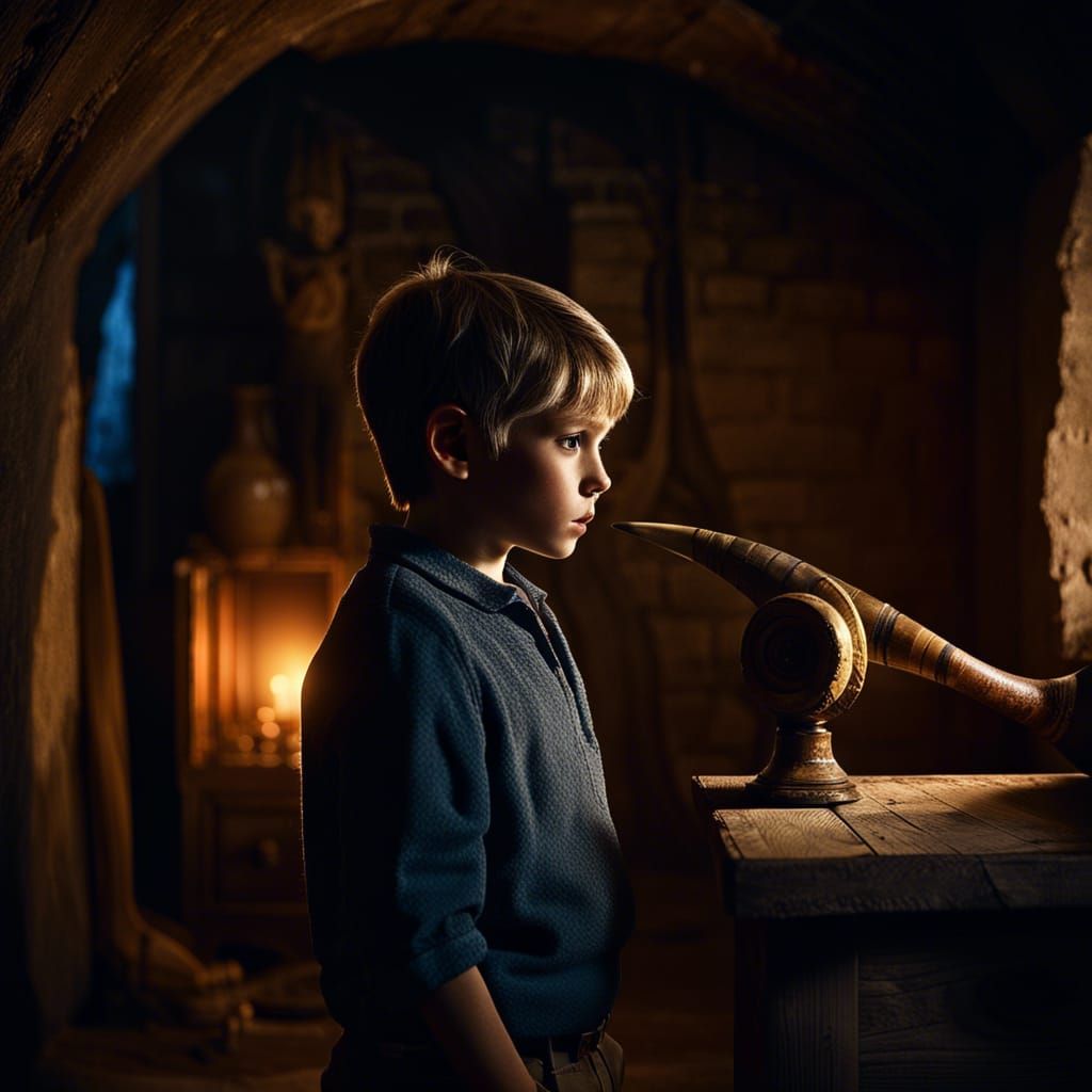 Dramatic Still Life: Boy with Horn in Rustic Setting