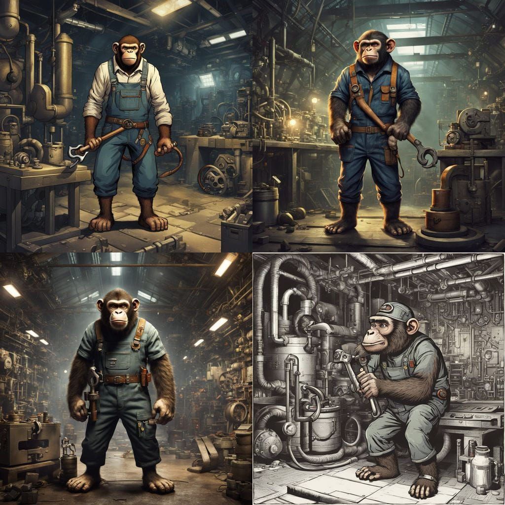 Grumpy Monkey Inventor in Steampunk Workshop