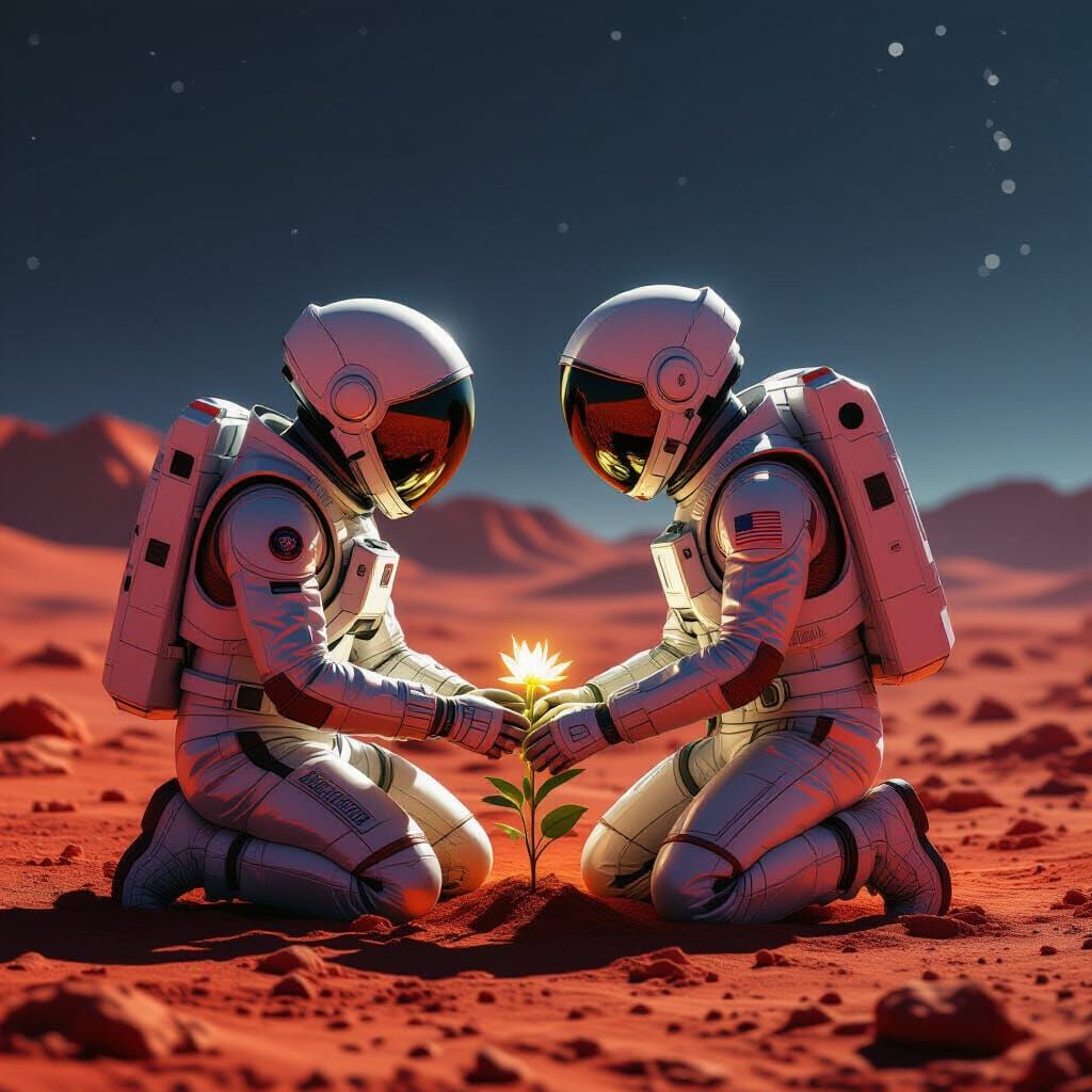 Astronaut Tends Luminous Flower on Desolate Mars