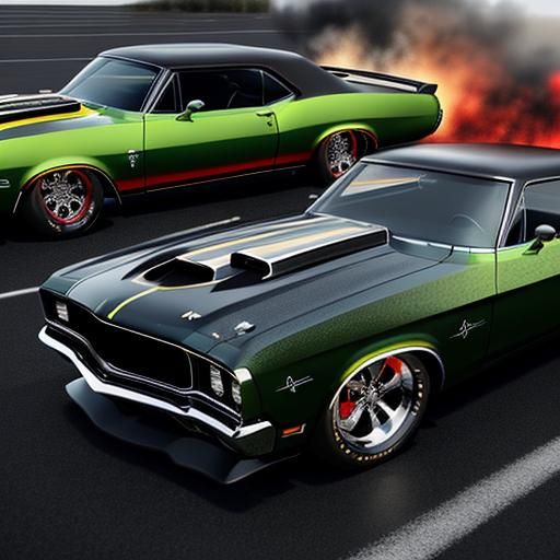 Muscle cars, black with flames, highly detailed, cgi quality...
