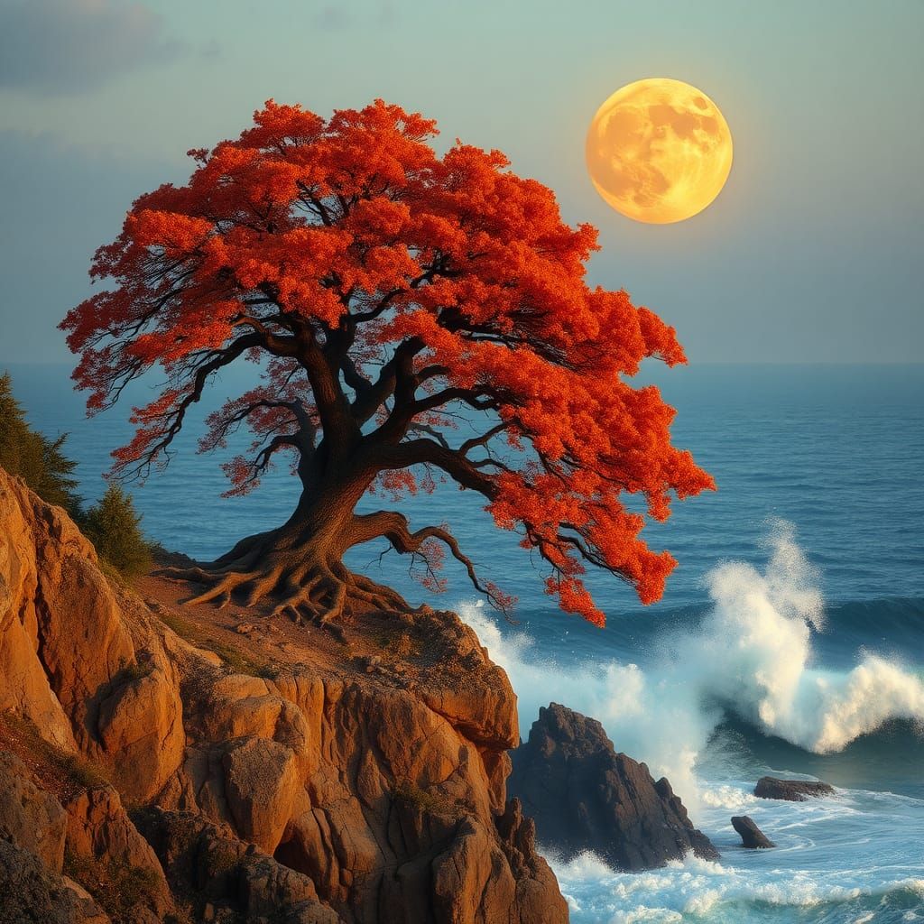 Majestic Autumn Tree on Rocky Cliff