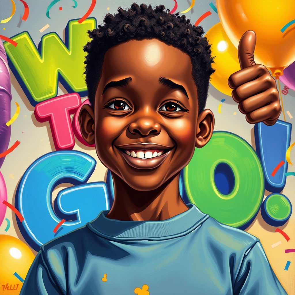 Joyful Black Boy Celebrates Success in Vibrant Portrait