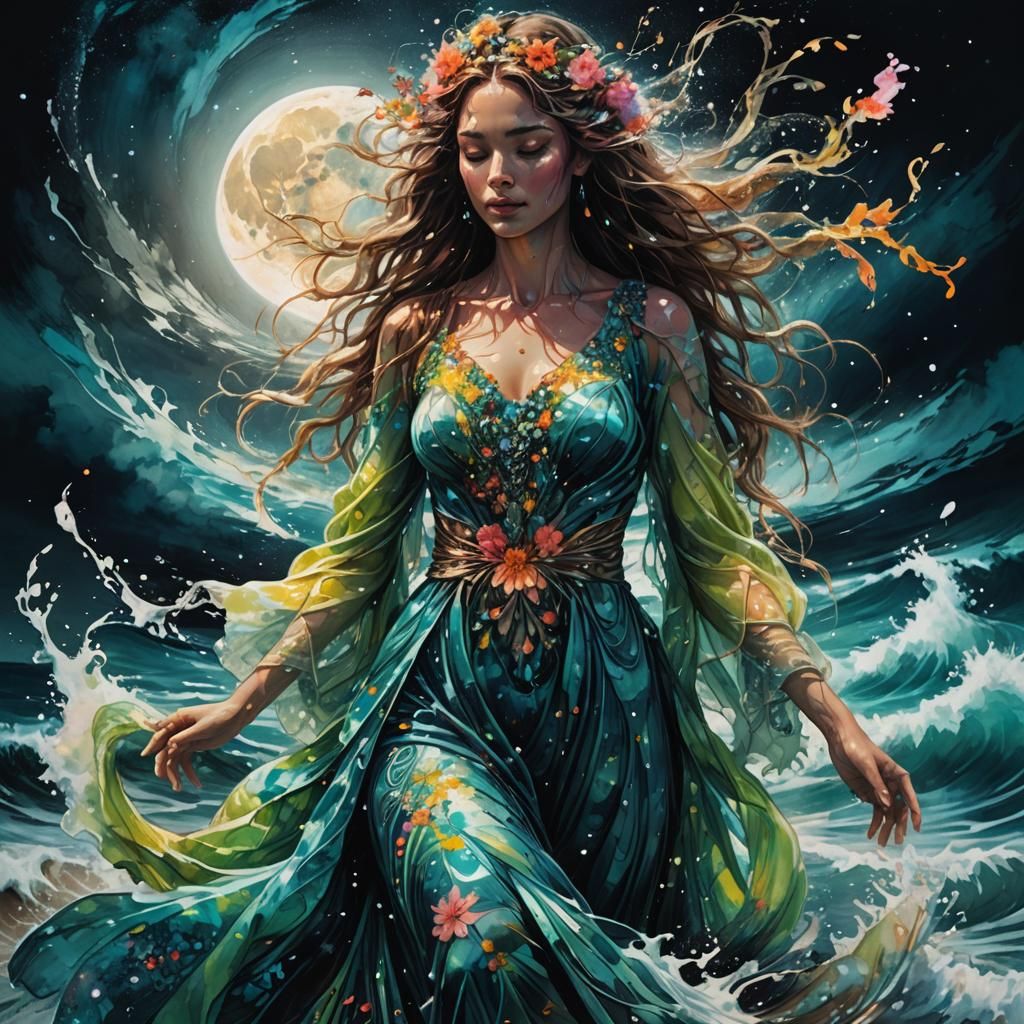 Ocean Goddess with Swirling Neon Gown