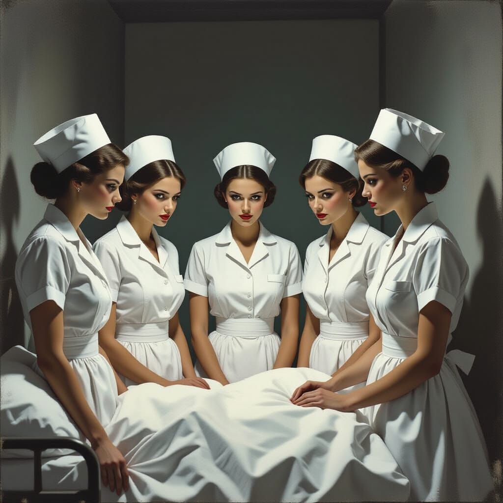 Eerie Nurses Gather in Dark Surrealist Style