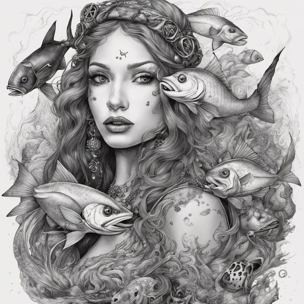 Arabian Tattooed Mermaid Pirate in Gothic Ink Drawing