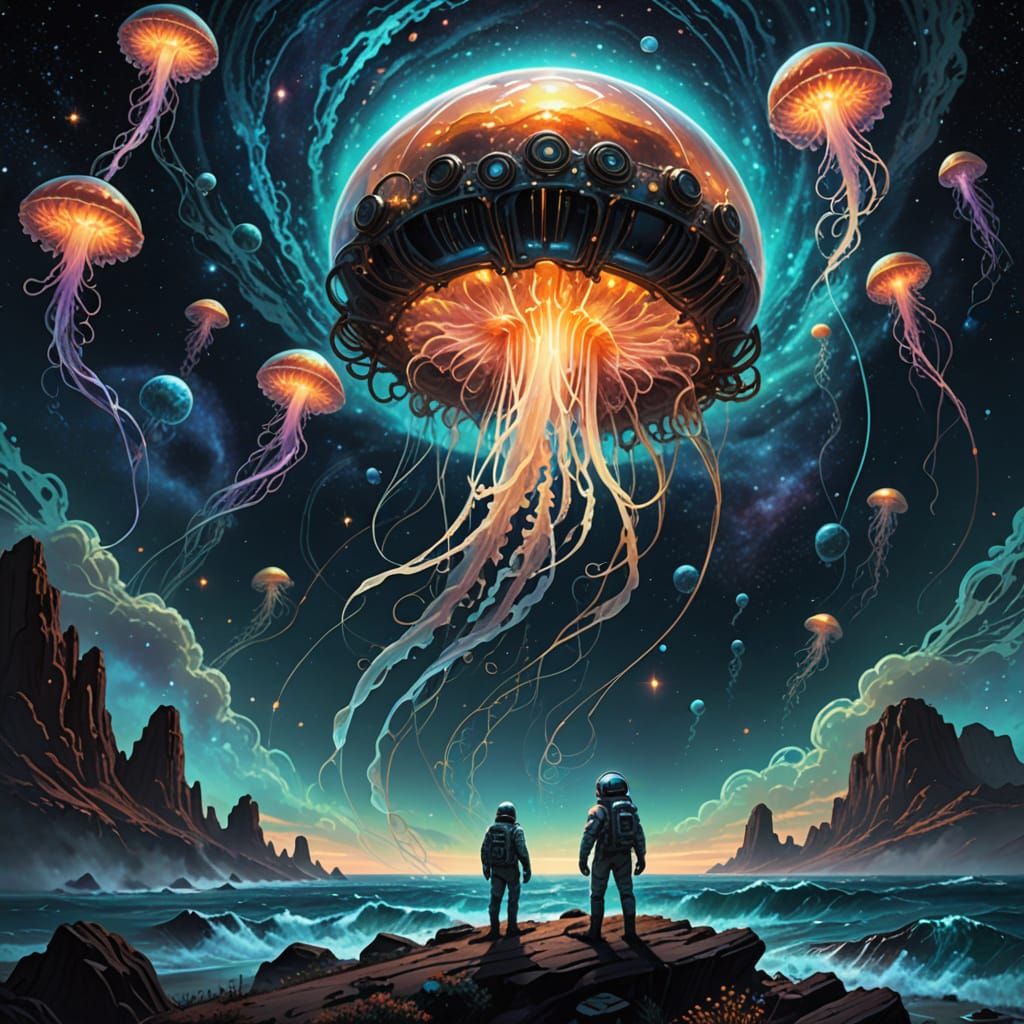 Lone Astronaut Faces Glowing Jellyfish in Cosmic Dark Fantas...