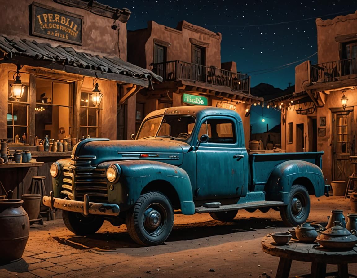 Vintage Pickup Truck at Pueblo Saloon, Hyperrealistic Splash...