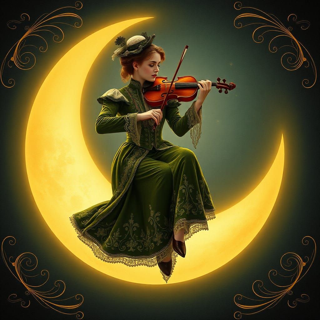 a bright shining crescent  moon, a fiddle player sitting on ...