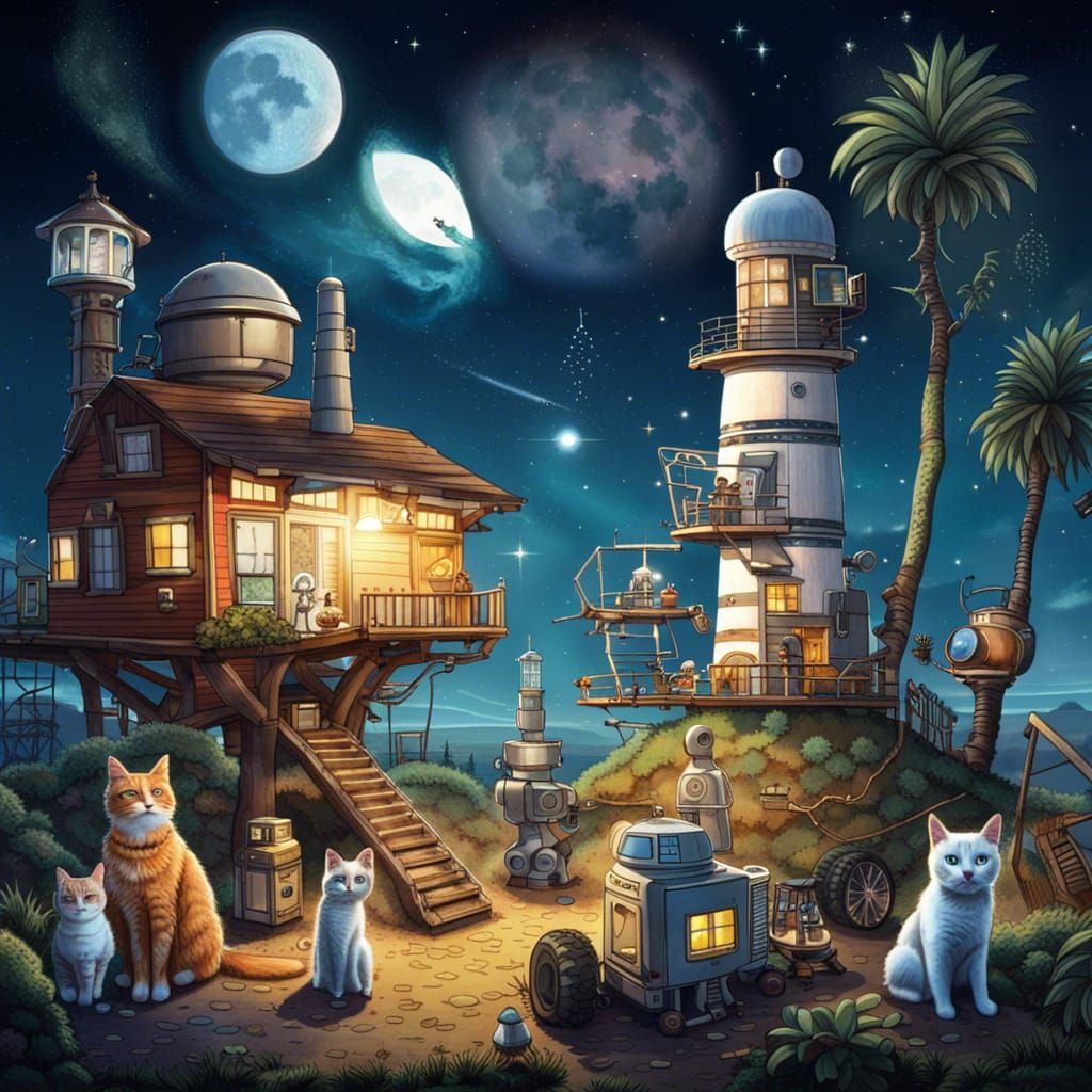 Robots Explore Moonlit Treehouse: A Digital Masterpiece