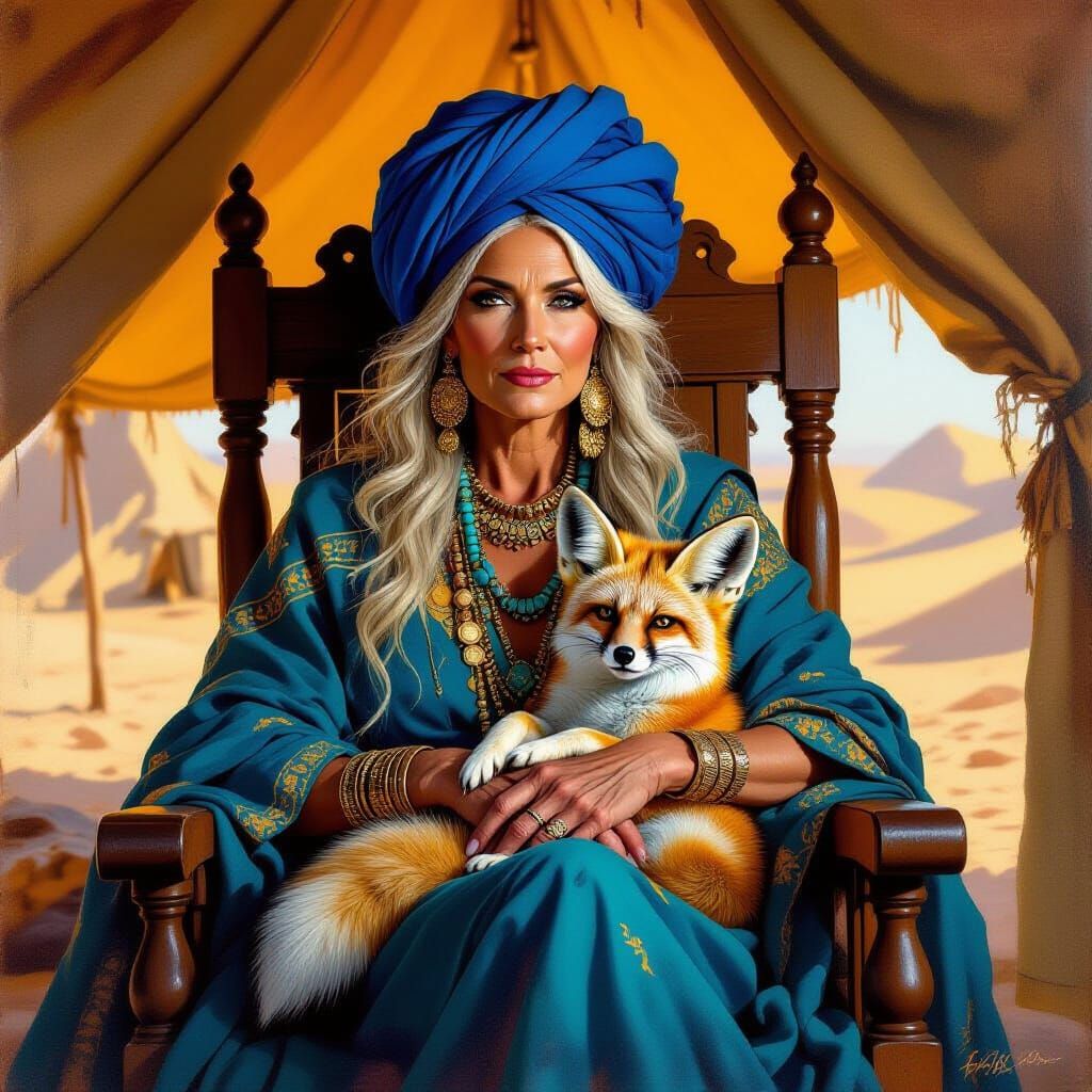 Muscular Amazon Queen with Fennec Fox in Desert Tent