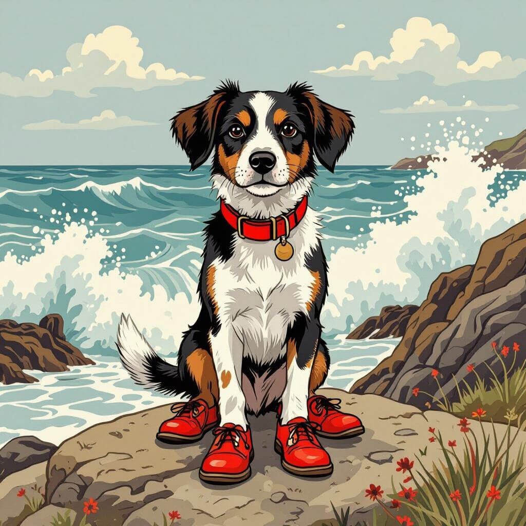Dog in Shoes on Rocky Coastline, Whimsical Illustration