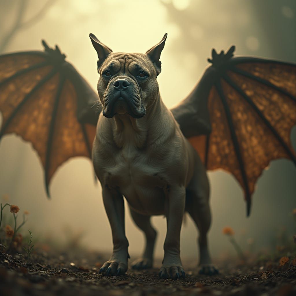 Surreal Winged Bulldog Sloth Elegantly Soars in Misty Enchan...