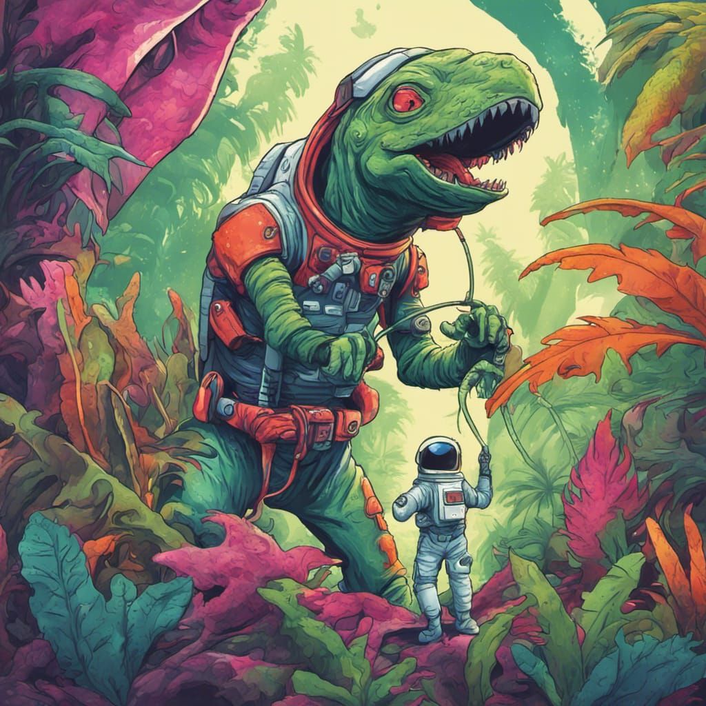 Astronaut in Hostile Alien Jungle with Lizard