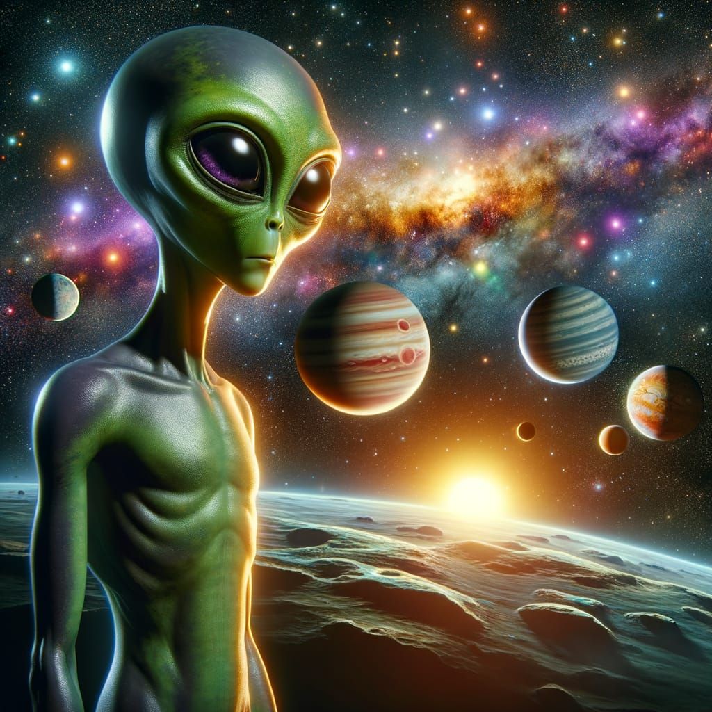 Glowing Alien Gazing at the Solar System in Cosmic Wonder