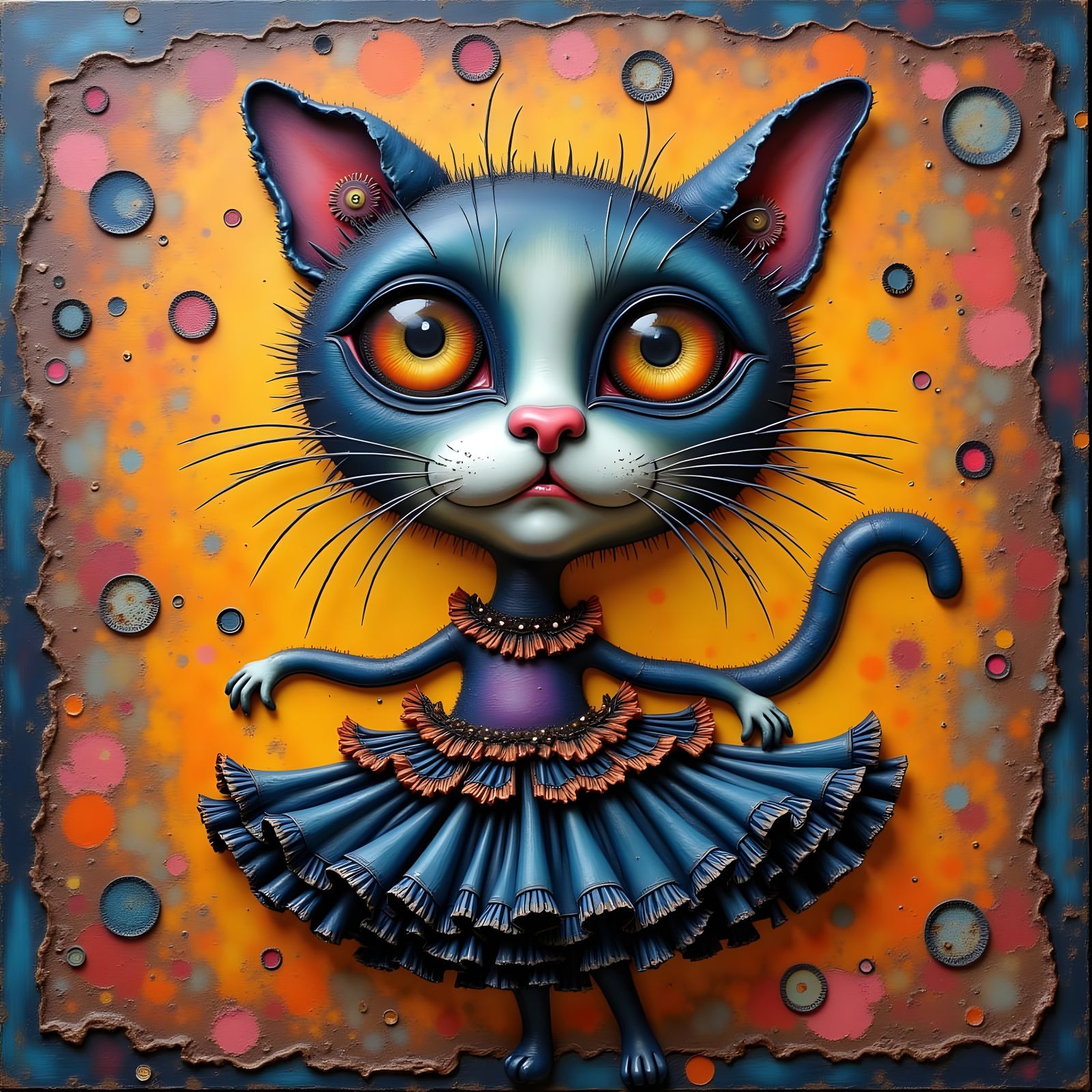 Elegant Cat in Frilly Dress Dancing in Collage Style